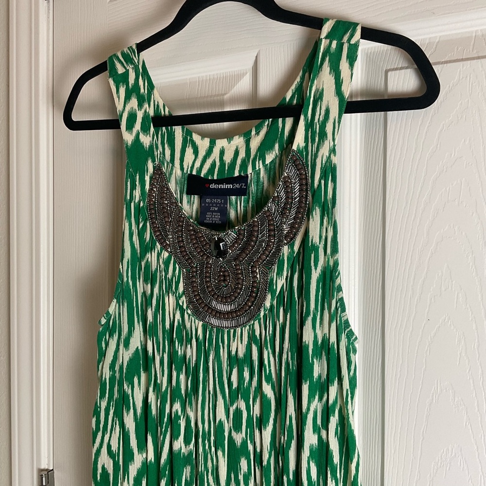 Denim 24/7 Boho Green Ikat Maxi Dress Beaded Neckline 22W - Picture 3 of 10
